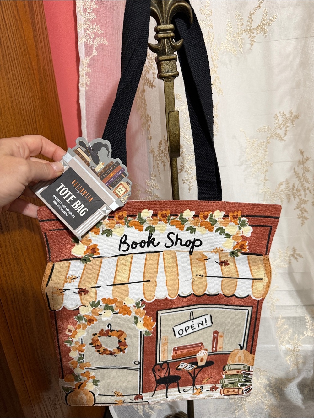 Halloween book shop double sided canvas tote bag